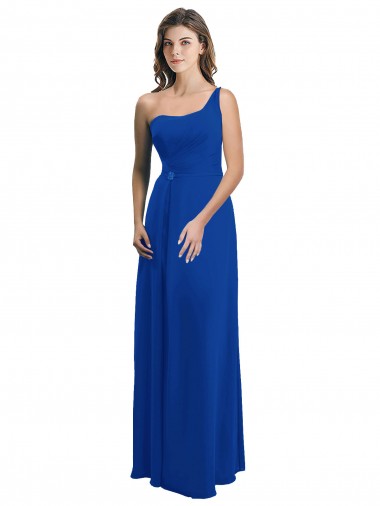 Desconto Azul Real Linha A Um Ombro Sem Mangas Comprimento Chão Vestidos de Madrinha
