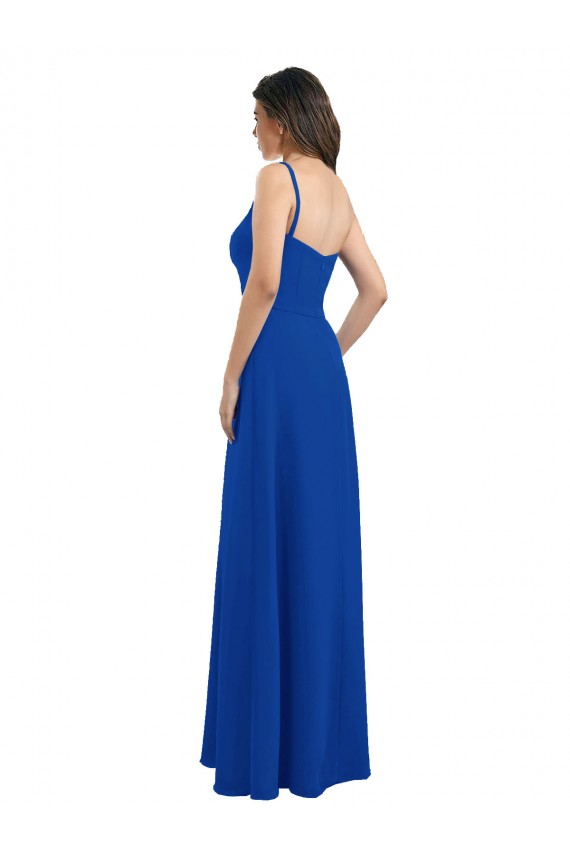 Desconto Azul Real Linha A Um Ombro Sem Mangas Comprimento Chão Vestidos de Madrinha