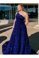Desconto Azul Real Linha A Um Ombro Sem Mangas Comboio Varredela Vestidos de Festa