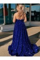 Desconto Azul Real Linha A Um Ombro Sem Mangas Comboio Varredela Vestidos de Festa