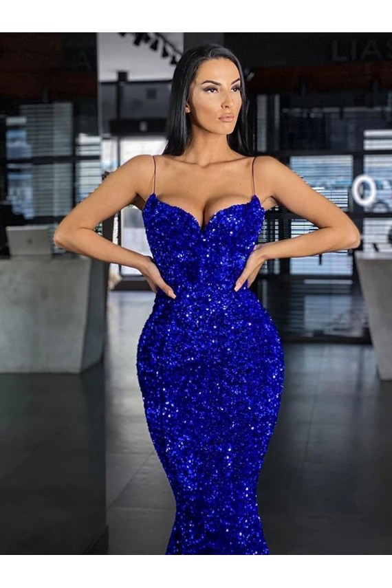 Desconto Azul Real Sereia Alças finas Sem Mangas Comboio Varredela Vestidos de Festa