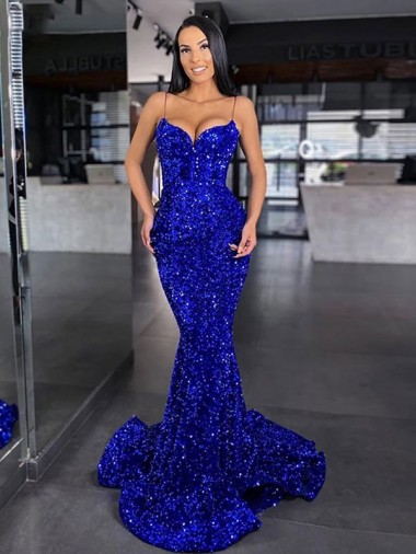 Desconto Azul Real Sereia Alças finas Sem Mangas Comboio Varredela Vestidos de Festa