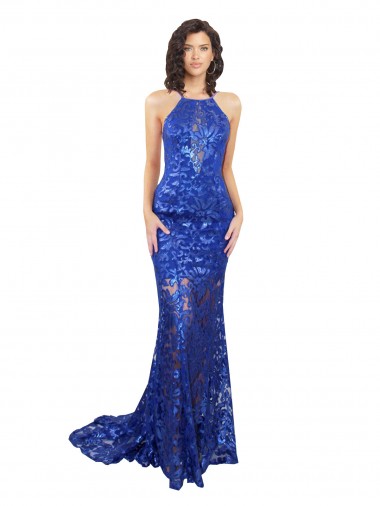 Desconto Azul Real Sereia Decote Alto Sem Mangas Comprimento Chão Vestidos de Madrinha / Vestidos de Festa