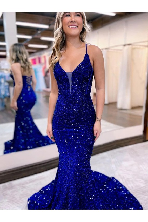 Desconto Azul Real Sereia Decote V Sem Mangas Comboio Corte Vestidos de Festa