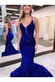 Desconto Azul Real Sereia Decote V Sem Mangas Comboio Corte Vestidos de Festa