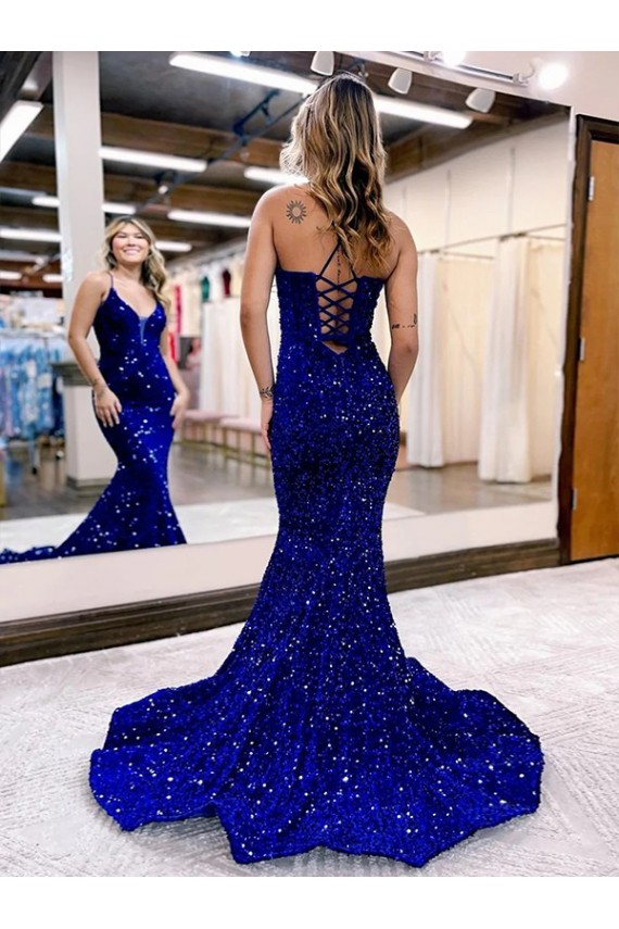 Desconto Azul Real Sereia Decote V Sem Mangas Comboio Corte Vestidos de Festa