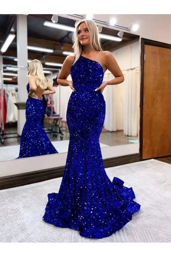 Desconto Azul Real Sereia Um Ombro Sem Mangas Comboio Varredela Vestido de Festa