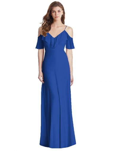 Desconto Azul Real Trombeta Alças finas Ombro Frio Comprimento Chão Vestidos de Madrinha