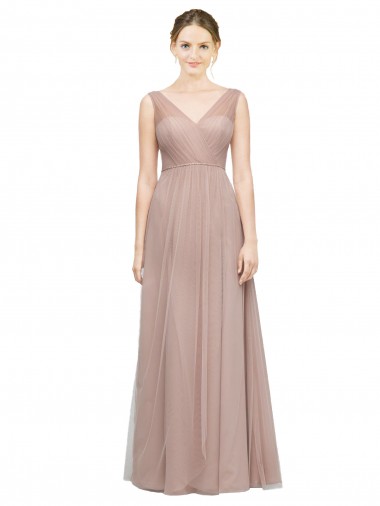 Desconto Blush Linha A Decote V Sem Mangas Comprimento Chão Vestidos de Madrinha