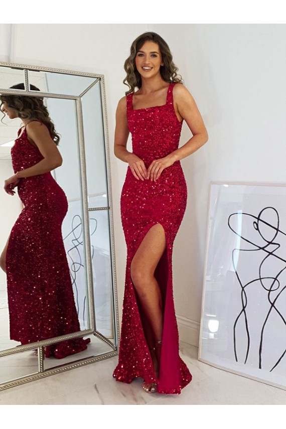 Desconto Borgonha Bainha Decote Quadrado Sem Mangas Comprimento Chão Vestidos de Festa