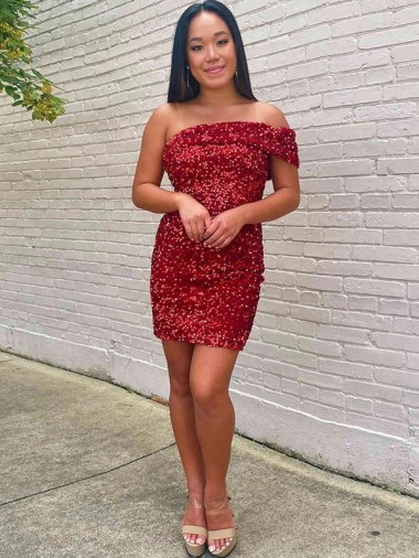 Desconto Borgonha Bainha Um Ombro Sem Mangas Curto Vestidos de Festa