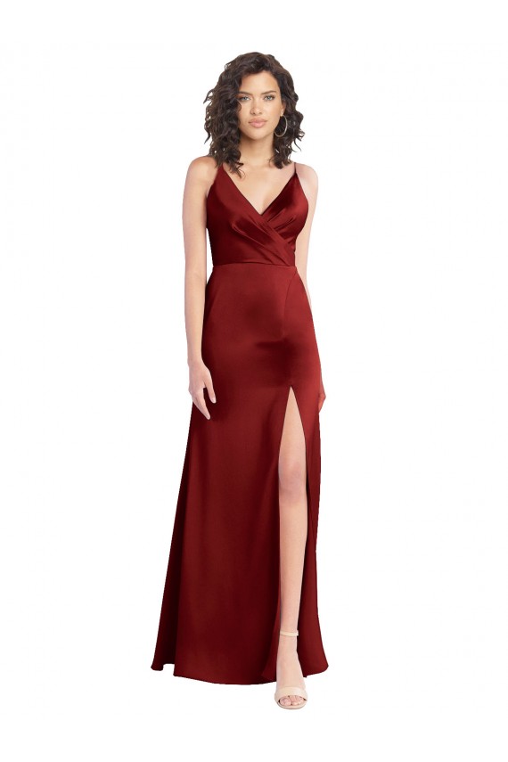 Desconto Borgonha Linha A Decote V Sem Mangas Comprimento Chão Vestido de Madrinha / Vestido de Baile