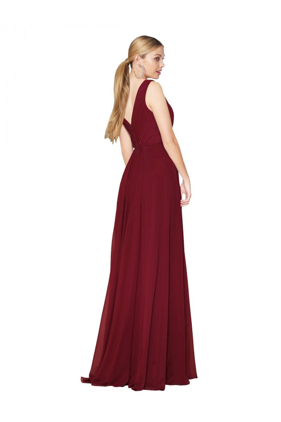 Desconto Borgonha Linha A Decote V Sem Mangas Comprimento Chão Costas em V Vestidos de Madrinha / Vestidos de Noite / Vestidos de Festa