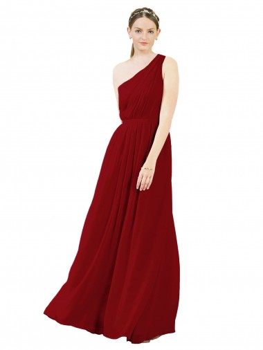 Desconto Borgonha Linha A Um Ombro Sem Mangas Comprimento Chão Vestido de Madrinha / Vestido de Baile