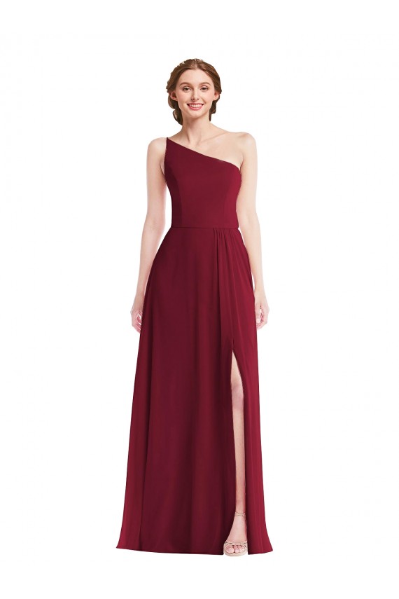 Desconto Borgonha Linha A Um Ombro Sem Mangas Comprimento Chão Vestido de Madrinha / Vestido Formais