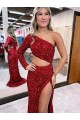 Desconto Borgonha Sereia Um Ombro Mangas Compridas Comboio Varredela Vestidos de Festa