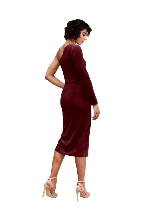 Desconto Borgonha Linha A Um Ombro Mangas Compridas Comprimento Midi Vestidos de Madrinha / Vestidos de Festa