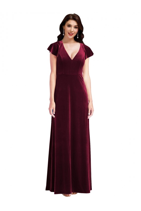 Desconto Borgonha Linha A Decote V Mangas Esvoaçantes Comprimento Chão Longo Vestidos de Madrinha / Vestidos de Festa