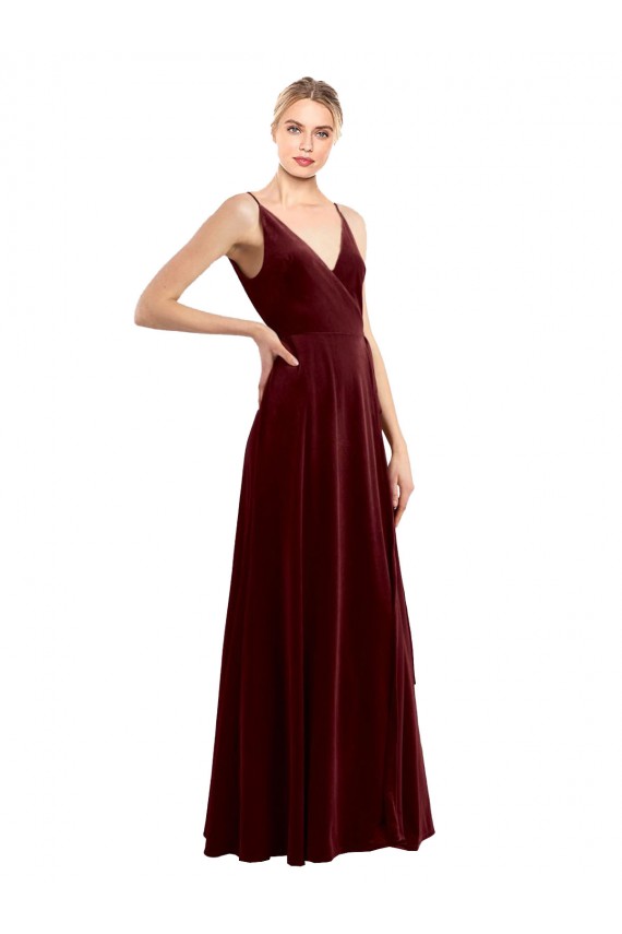 Desconto Borgonha Linha A Decote V Sem Mangas Comprimento Chão Longo Veludo Elástico Vestidos de Madrinha / Vestidos de Festa / Vestidos de Noite