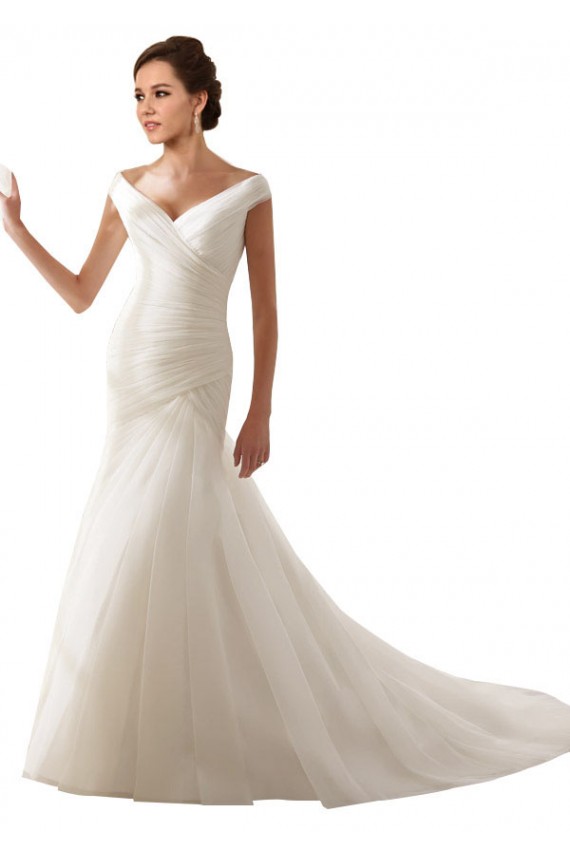 Desconto Branco Bainha Fora do Ombro Sem Mangas Comboio Capela Vestidos de Noiva
