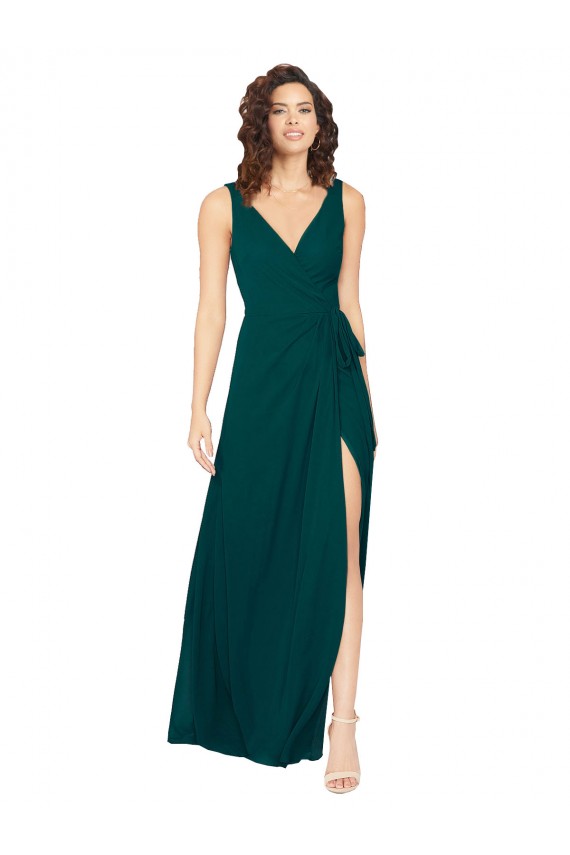 Desconto Caçador Verde Linha A Decote V Sem Mangas Comprimento Chão Chiffon Vestidos de Madrinha