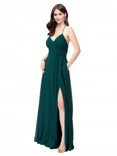 Desconto Caçador Verde Linha A Decote V Sem Mangas Comprimento Chão Criss Cruz Vestidos de Madrinha