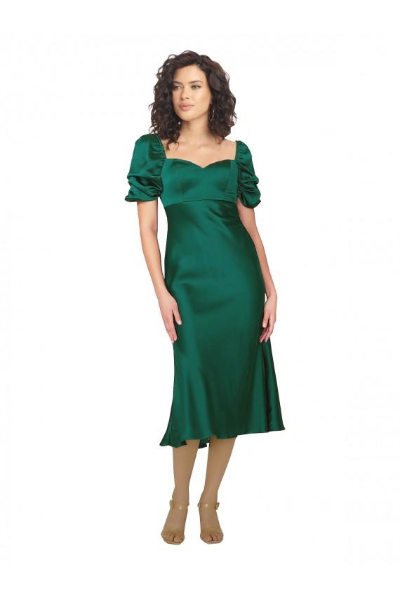 Desconto Caçador Verde Linha A Amor Mangas Curtas Comprimento Midi Vestidos de Madrinha / Vestidos de Noite / Vestidos de Festa