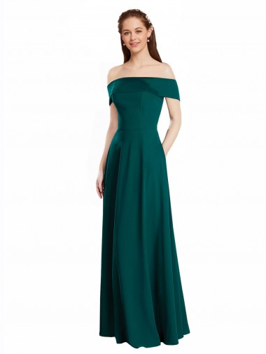 Desconto Caçador Verde Linha A Fora do Ombro Mangas Curtas Comprimento Chão Vestidos de Madrinha
