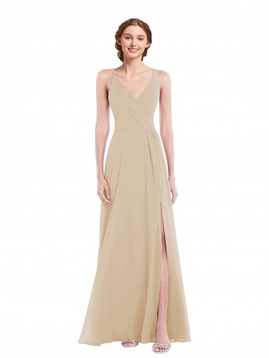 Desconto Champanhe Linha A Decote V Sem Mangas Comprimento Chão Chiffon Vestidos de Madrinha