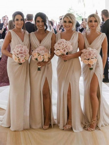 Desconto Champanhe Linha A Decote V Sem Mangas Comprimento Chão Vestidos de Madrinha