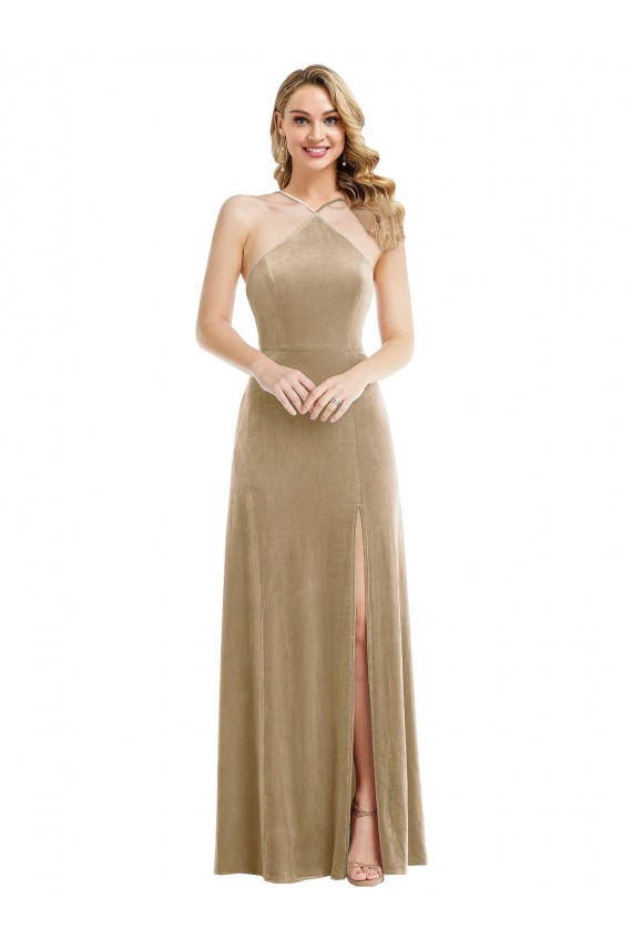 Desconto Champanhe Linha A Cabeçada Sem Mangas Comprimento Chão Vestidos de Madrinha / Vestidos de Festa