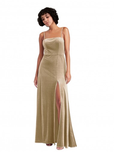 Desconto Champanhe Linha A Decote Quadrado Sem Mangas Comprimento Chão Vestidos de Madrinha / Vestidos de Noite / Vestidos de Festa