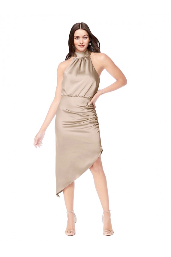 Desconto Champanhe Rosa Linha A Cabeçada Sem Mangas Comprimento Midi Vestidos de Madrinha / Vestidos de Festa / Vestidos de Cocktail / Vestidos de Homecoming
