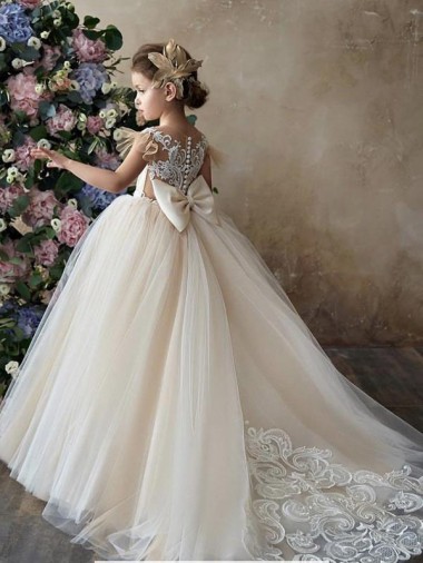 Desconto Champanhe Vestido de Baile Amor Sem Mangas Comboio Capela Vestidos para Meninas de Flores