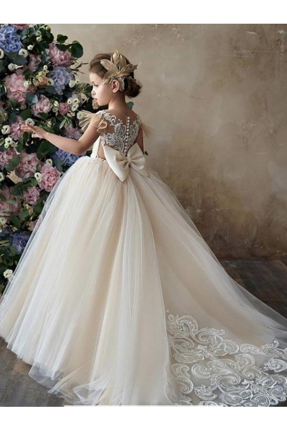 Desconto Champanhe Vestido de Baile Amor Sem Mangas Comboio Capela Vestidos para Meninas de Flores