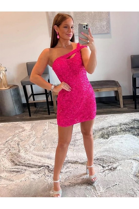Desconto Fúcsia Bainha Um Ombro Sem Mangas Curto Vestidos de Festa