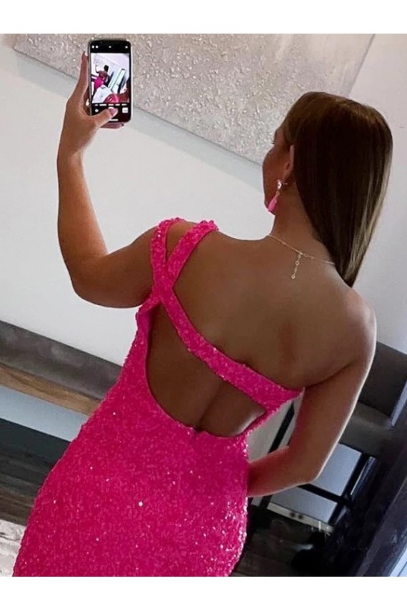 Desconto Fúcsia Bainha Um Ombro Sem Mangas Curto Vestidos de Festa
