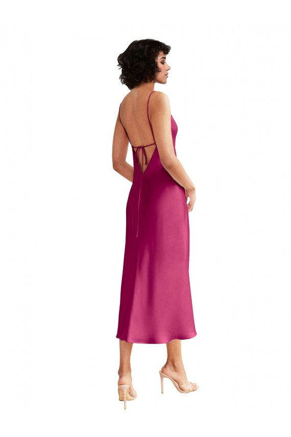 Desconto Fúcsia Linha A Decote V Sem Mangas Comprimento Midi Vestidos de Madrinha / Vestidos de Noite / Vestidos de Festa