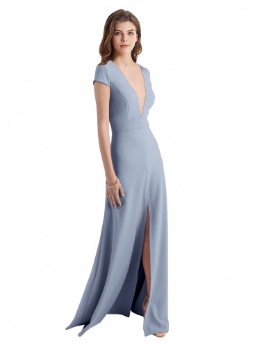 Desconto Fumo Azul Bainha Decote V Mangas Curtas Comprimento Chão Vestidos de Madrinha / Vestidos de Festa