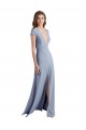 Desconto Fumo Azul Bainha Decote V Mangas Curtas Comprimento Chão Vestidos de Madrinha / Vestidos de Festa