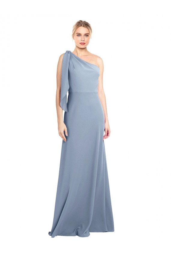 Desconto Fumo Azul Bainha Um Ombro Mangas Esvoaçantes Comprimento Chão Vestidos de Madrinha / Vestidos de Noite / Vestidos de Festa