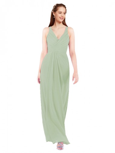 Desconto Fumo Verde Bainha Decote V Sem Mangas Comprimento Chão Vestidos de Madrinha