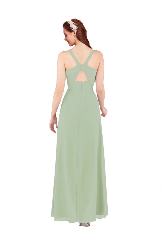 Desconto Fumo Verde Bainha Decote V Sem Mangas Comprimento Chão Vestidos de Madrinha