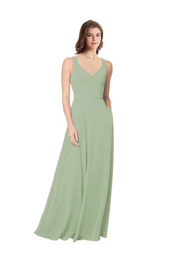 Desconto Fumo Verde Linha A Amor Sem Mangas Comprimento Chão Longo Vestidos de Madrinha