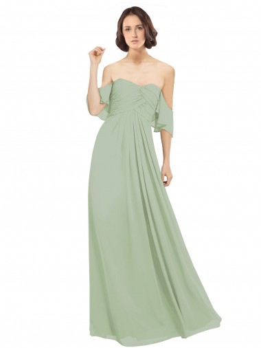 Desconto Fumo Verde Linha A Fora do Ombro Ombro Frio Comprimento Chão Vestidos de Madrinha
