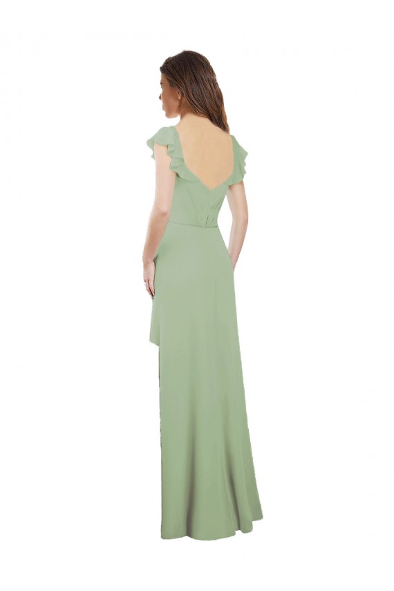 Desconto Fumo Verde Linha A Amor Mangas Curtas Comprimento Chão Vestidos de Madrinha
