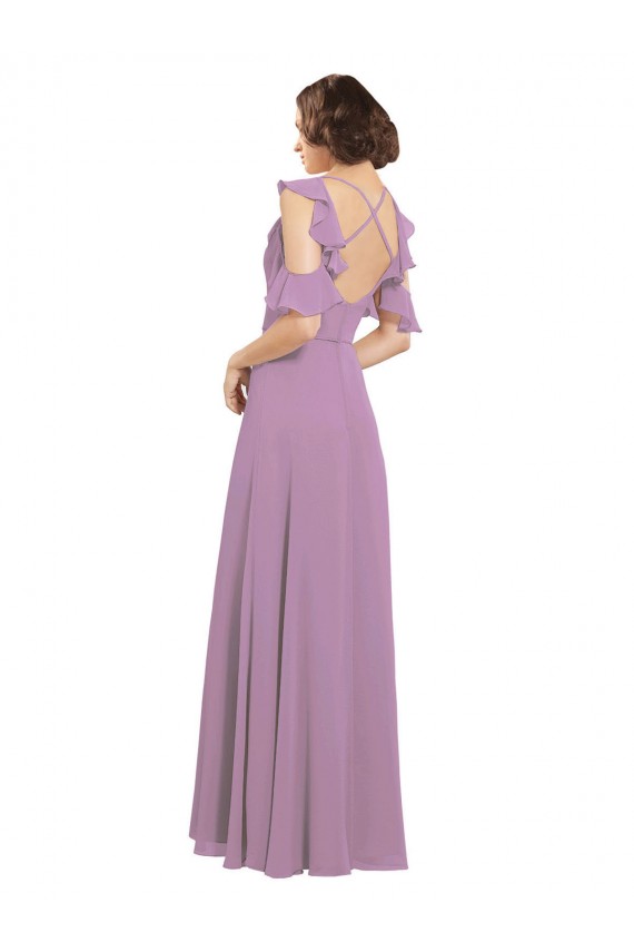 Desconto Lavanda Escura Linha A Decote Alto Ombro Frio Comprimento Chão Vestidos de Madrinha