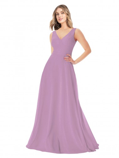 Desconto Lavanda Escura Linha A Decote V Sem Mangas Comprimento Chão Vestidos de Madrinha