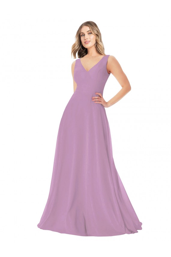 Desconto Lavanda Escura Linha A Decote V Sem Mangas Comprimento Chão Vestidos de Madrinha