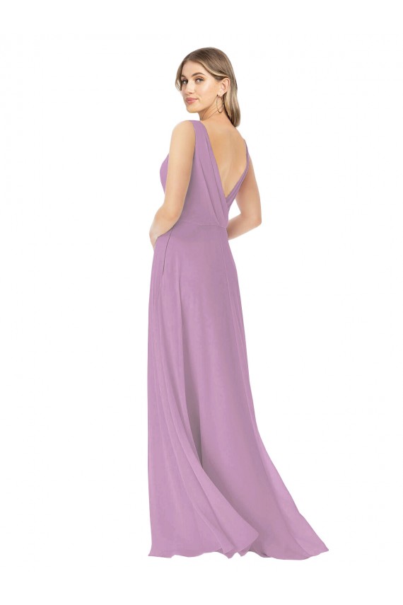 Desconto Lavanda Escura Linha A Decote V Sem Mangas Comprimento Chão Vestidos de Madrinha